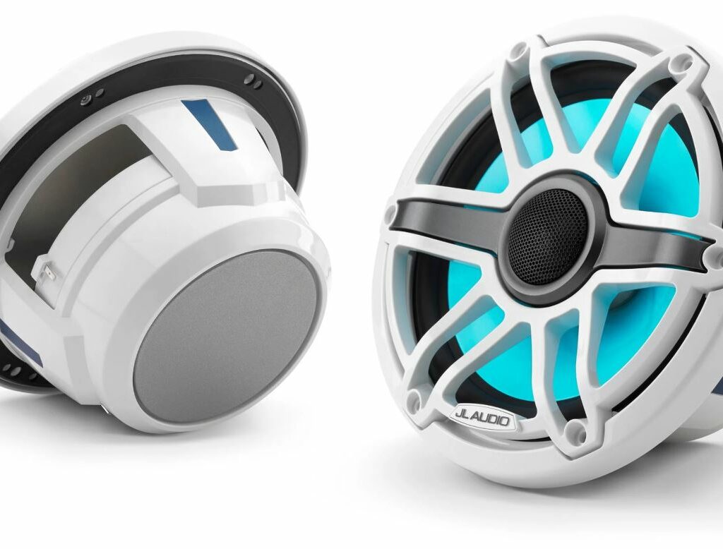 JL - M6-770X-S-GwGw-i 7.7-inch (196 mm) Marine Coaxial Speakers with Transflective™ LED Lighting, Gloss White Trim Ring, Gloss White Sport Grille