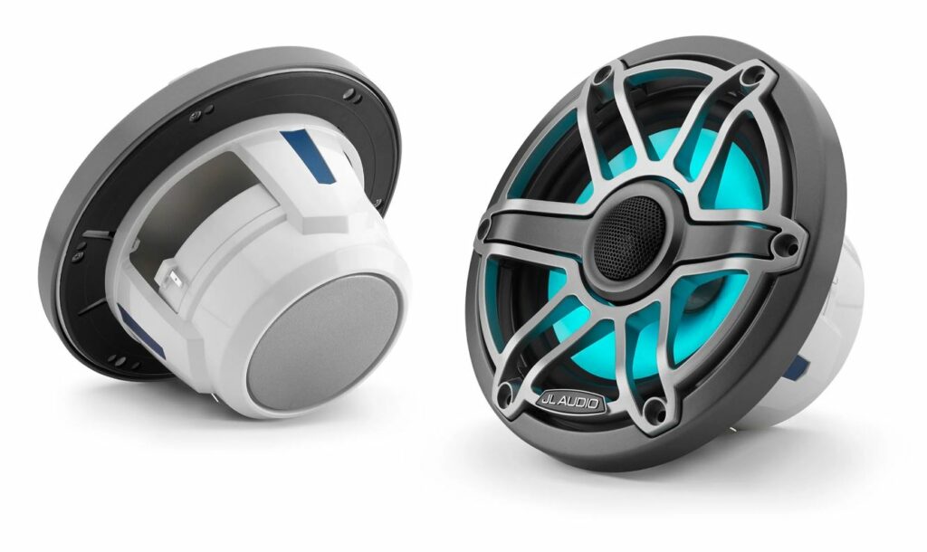 JL - M6-650X-S-GmTi-i 6.5-inch (165 mm) Marine Coaxial Speakers with Transflective™ LED Lighting, Gray Metallic Trim Ring, Titanium Sport Grille