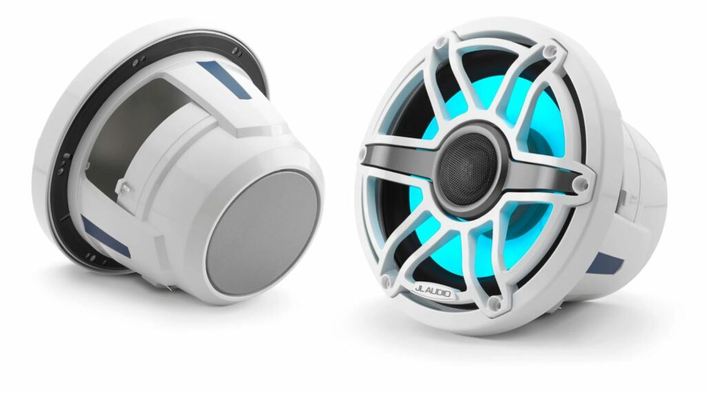 JL - M6-880X-S-GwGw-i 8.8-inch (224 mm) Marine Coaxial Speakers with Transflective™ LED Lighting, Gloss White Trim Ring, Gloss White Sport Grille